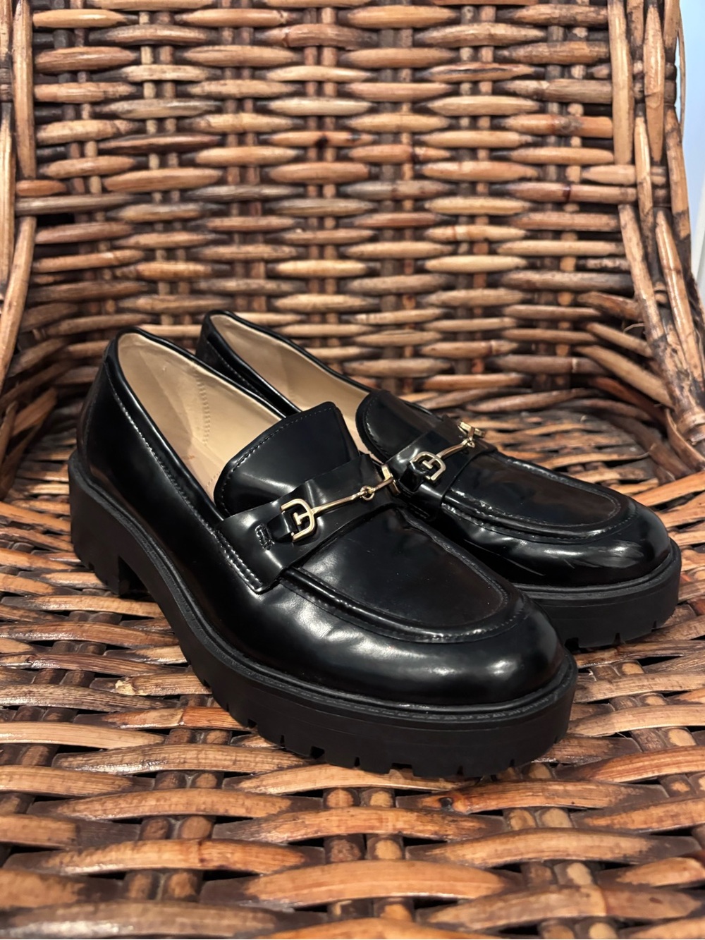 Sam Edelman Black Patent Lug-Sole Loafers with Gold accents . Size 8